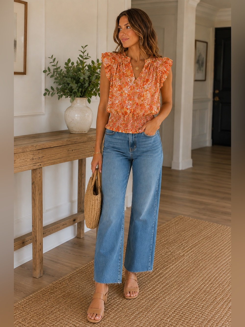 🌸3/$15🌸Rachel Zoe Orange Floral Ruffle Sleeve Smocked Hem Blouse